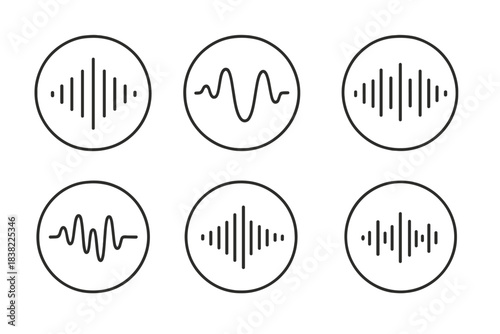 Set of six circular icons featuring audio equalizer and voice recognition waves
