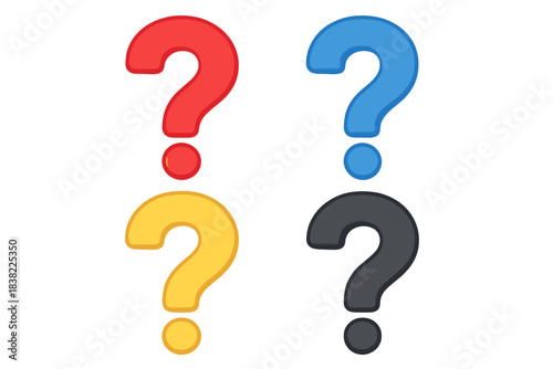 Four colorful question mark symbols in red, blue, yellow, and black representing query and uncertainty