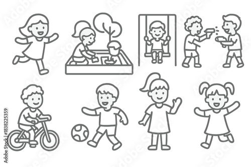 Outline icons depicting happy children playing various outdoor games and activities in a park