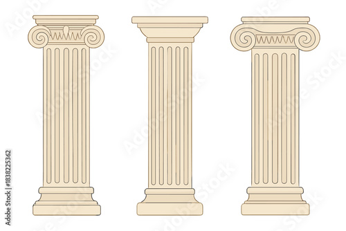 Three classical architectural columns featuring Ionic and simplified Doric orders