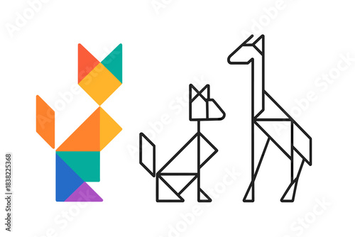 Colorful geometric animal shapes including a cat, dog, and giraffe figures