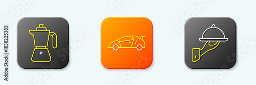 Set line Coffee moca pot, Sport racing car and Covered with tray food icon. Vector