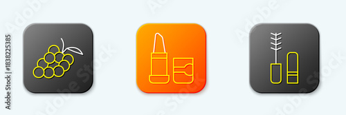 Set line Grape fruit, Lipstick and Mascara brush icon. Vector