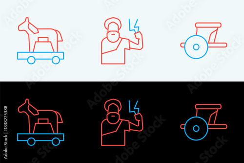 Set line Ancient chariot, Trojan horse and Zeus icon. Vector