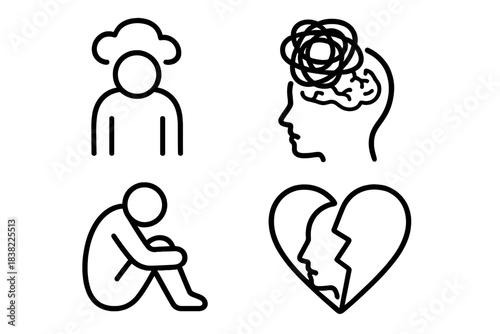 Outline symbols of mental health issues, emotional distress, anxiety, depression, and heartbreak