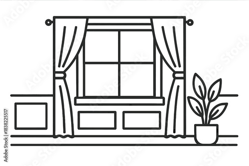Minimalist interior view of window framed by curtains and a potted plant