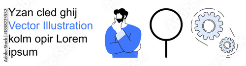 Digital marketing, problem-solving, research methods, analysis, innovation, strategy development. Person thinking, magnifying glass and gear mechanism. Problem-solving and research methods concept