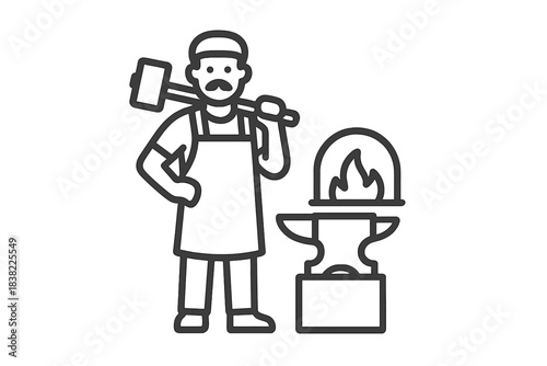 Traditional blacksmith worker with hammer standing beside an anvil and hot forge