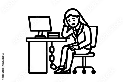 Stressed businesswoman chained to desk symbolizing work addiction and burnout