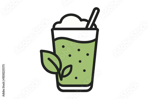 Matcha green tea latte or smoothie in a tall glass with foam and straw