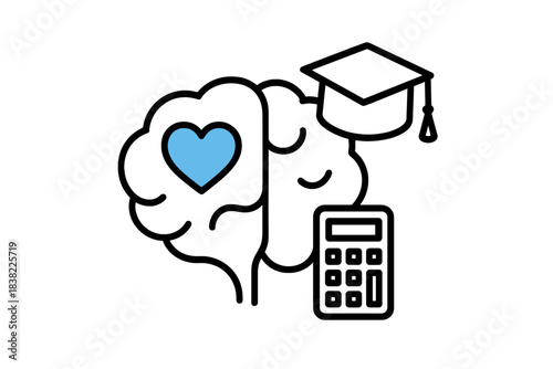 Brain hemispheres representing emotional intelligence and logical thinking with education and calculation symbols