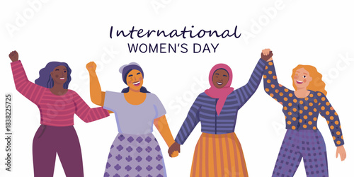 Celebrating international women s day with diverse group of women raising hands
