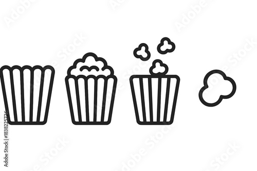 Popcorn buckets and kernels outline symbols for movie theater snacks and entertainment