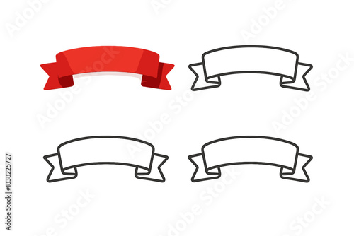 Set of four ribbon banners including realistic red curved design and three black outline shapes