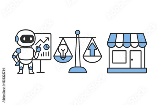 Artificial intelligence robot presenting business data, balancing innovation and market growth