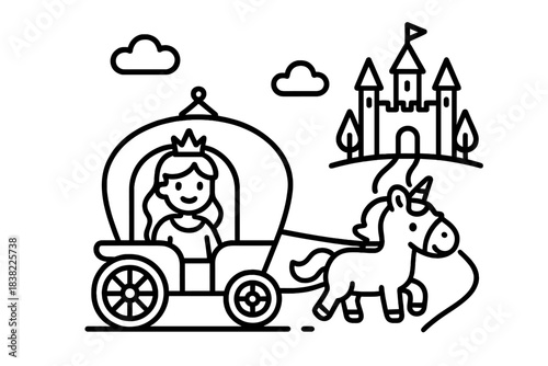 Princess riding in a royal carriage pulled by a magical unicorn toward a fantasy castle