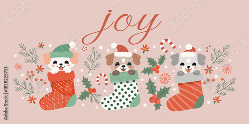 Festive joy adorable puppies in christmas stockings with holiday decorations