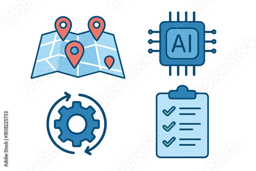 Modern business icons for GPS mapping, workflow optimization, and task management