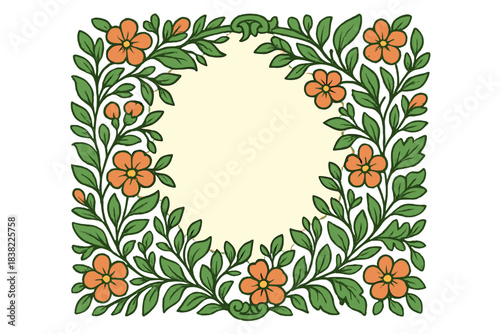 Ornate vintage floral border with orange flowers and green leaves forming a circular decorative frame