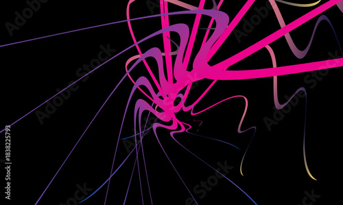 Abstract vector with dynamic curved lines in multicolored gradients on a black background. The modern design conveys energy, movement and a futuristic aesthetic, perfect for backgrounds, posters, etc.