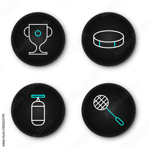 Set line Tennis racket, Punching bag, Hockey puck and Award cup icon. Vector