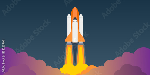 A stylized space shuttle launching with flames and colorful smoke trails