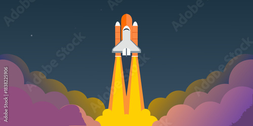 Space shuttle launching into the night sky with bright fiery exhaust