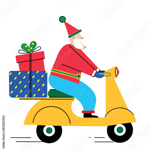A man dressed as Santa rides a yellow scooter with a red jacket and blue pants