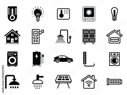 Smart Home Bundle Including Thermostat, Light Bulb, Security System, EV Charger, Appliances, Solar Panel and Shower Symbols