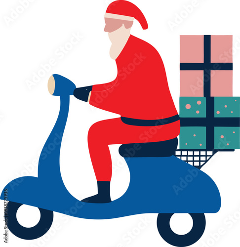 A man dressed as Santa rides a blue scooter. He is carrying a large number of gifts