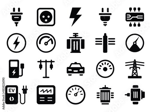 Electricity and Power Grid Icons Set Featuring EV Charging, Transformers, Plugs, Meters and Modern Energy Technology