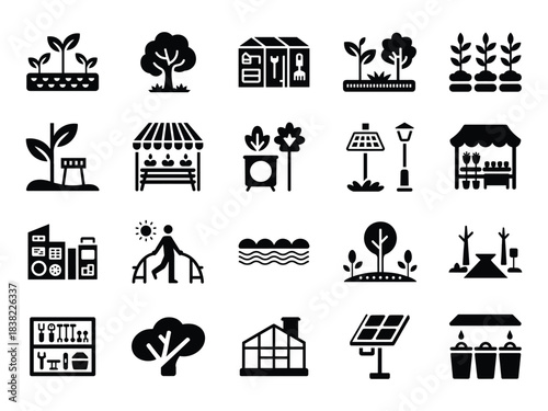 Gardening and Urban Farming Icons Set – Trees, Greenhouses, Market Stalls, Solar Lamps, Plants, Eco Landscape Symbols