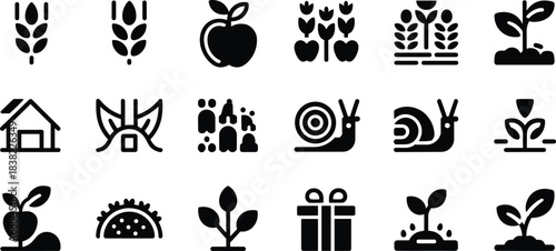 agriculture, nature, food, community, icons, wheat, apple, tulip, plant, house, butterfly, snail, taco, gift, illustration, vector, design, silhouette, symbol, environment