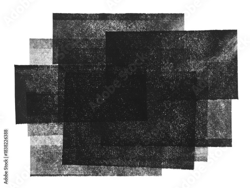 Linocut relief printing layered texture. Black and white artistic linocutting text background with geometric uneven edge. Paint roller stain, wide textured lino ink remains.