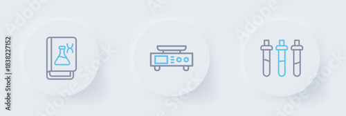 Set line Reagent bottle, Electronic scales and Genetic engineering book icon. Vector