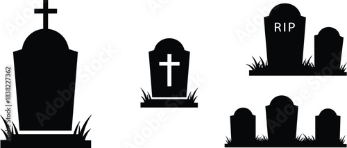 Gravestone silhouette icon set with cross, RIP, grouped cemetery markers and grass, cad drawing flat vector illustration, blackwhite