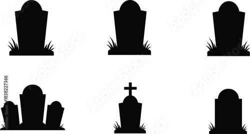 Gravestone silhouette icon set with RIP, cross, grouped cemetery markers and grass, cad drawing flat vector illustration, blackwhite