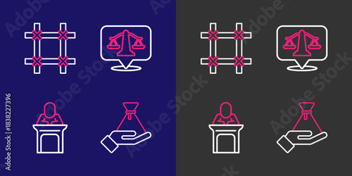 Set line Bribe money bag, Judge, Scales of justice and Prison window icon. Vector
