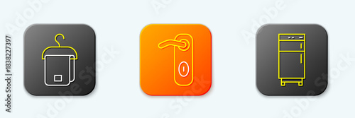 Set line Towel on hanger, Door handle and Refrigerator icon. Vector