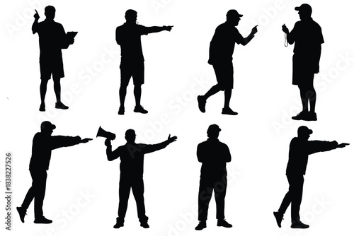 Sports Coach Trainer Silhouettes Set, Direction, Guidance, and Leadership