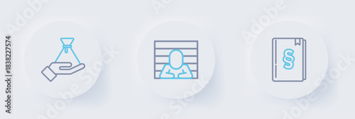 Set line Law book, Prisoner and Bribe money bag icon. Vector