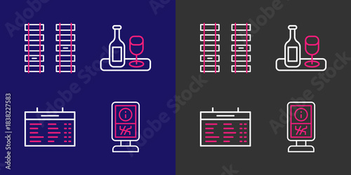 Set line Information stand, Train station board, Wine bottle with glass and Railway, railroad track icon. Vector