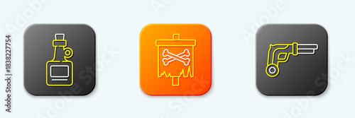 Set line Alcohol drink Rum, Pirate flag and Vintage pistols icon. Vector