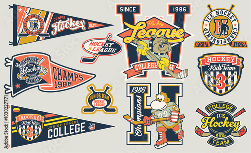 Ice hockey junior kids team elements cute vector collection of graphics characters badges flag pennants for children baby wear