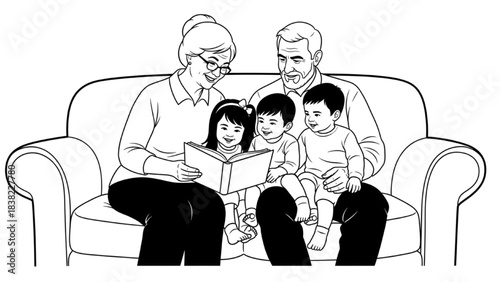 Grandparents Reading Story to Grandchildren Silhouette Line Art on Cozy Sofa