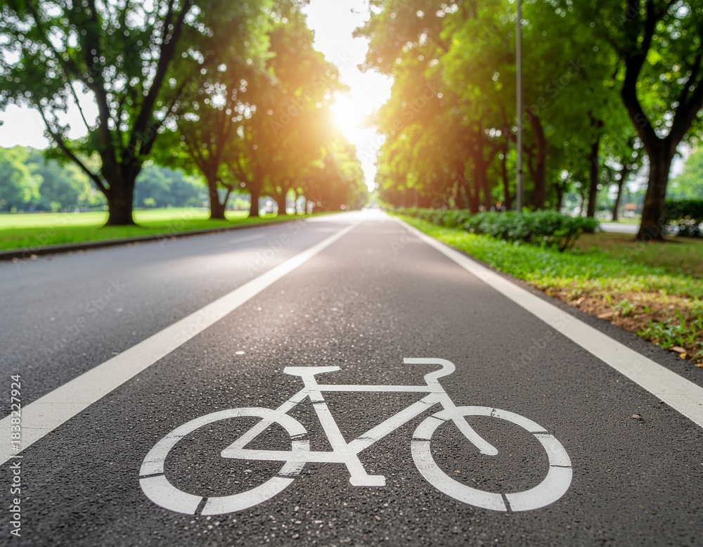 Obraz premium Sunlit dedicated bicycle lane marked clearly inviting riders down a lush, green park avenue