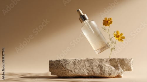 Serum bottle and flowers on stone