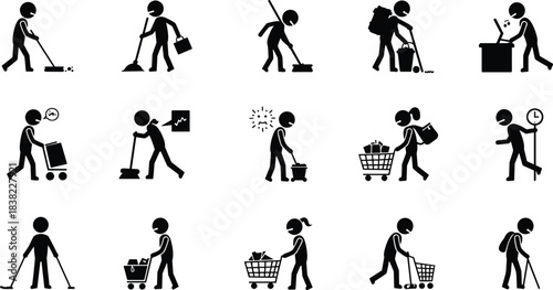 Stick figure activity icons, shopping cleaning working gestures, everyday task character set, blackwhite minimalist cad drawing flat vector illustration