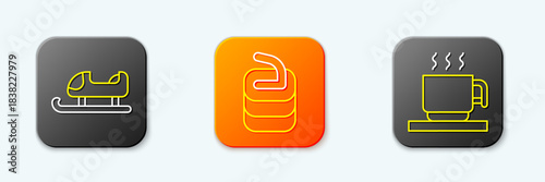 Set line Sled, Stone for curling and Hot chocolate cup icon. Vector