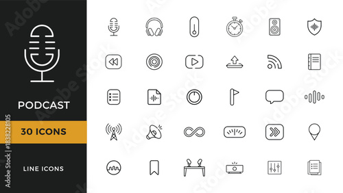 Thin-line podcast icons set of audio equipment, microphones, headphones, broadcasting signals, play controls, sound waves, recording tools, upload download symbols, playlists, streaming element